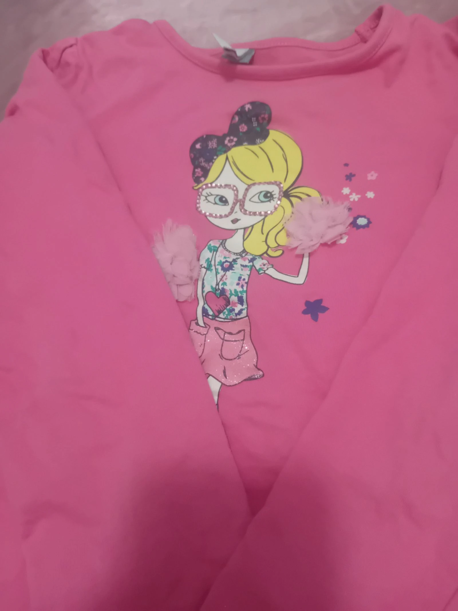 Roze blouse met lange mouwen en kant met meisjesprint – photo 2